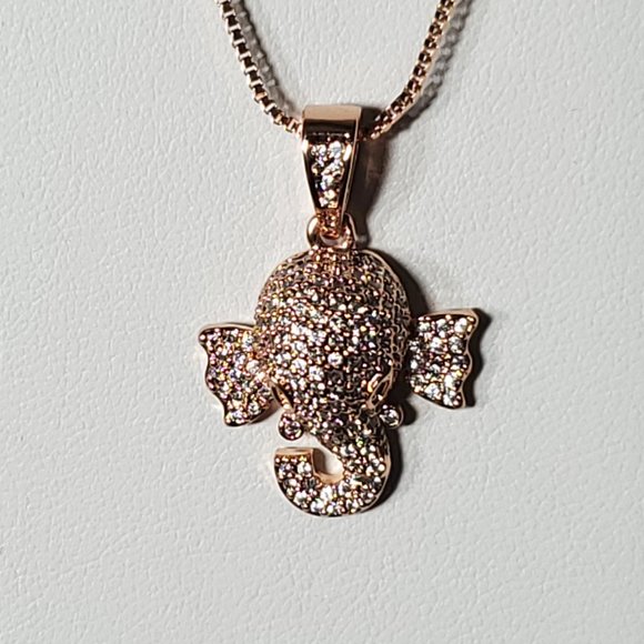 Crystal Elephant Head Necklace - Solid Copper, Rose Gold Plated, AAA CZ. - Picture 6 of 11